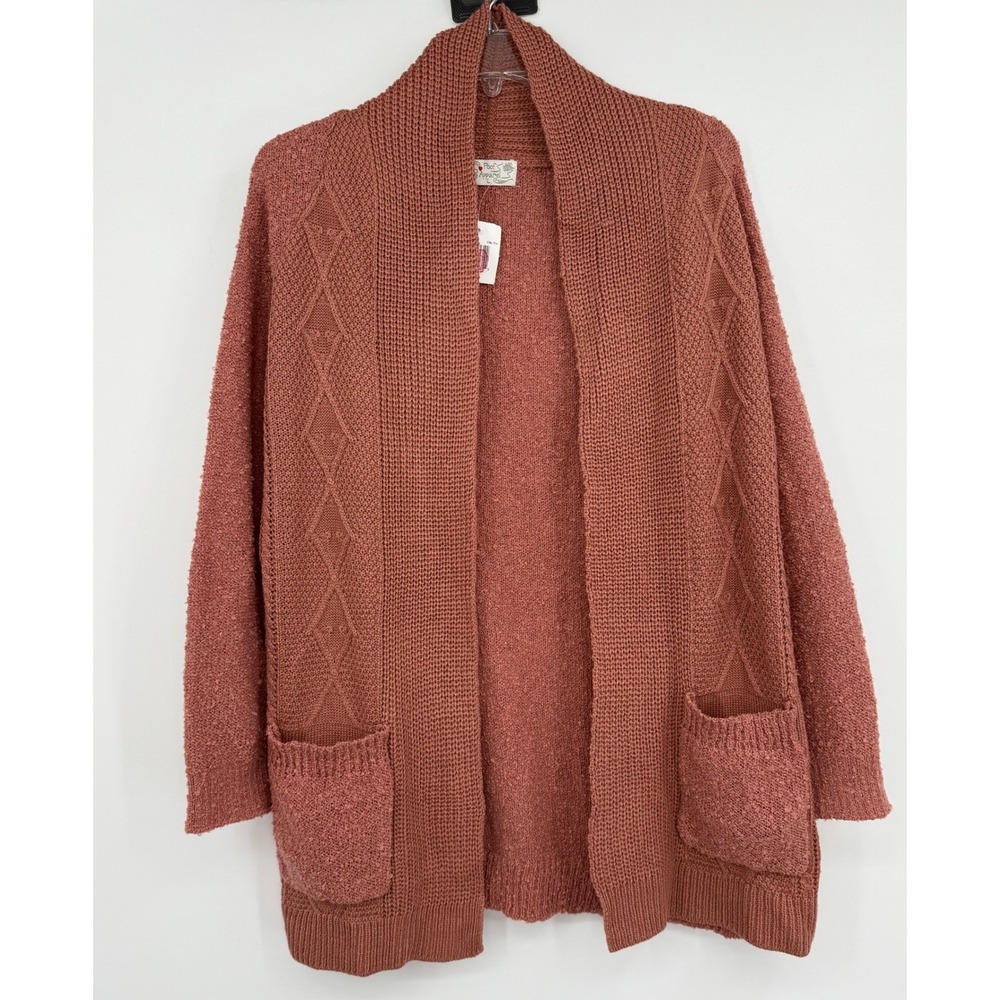 NWT Poof Apparel Women's L Cable Knit Open Front Pockets Shawl Neckline Cardigan
